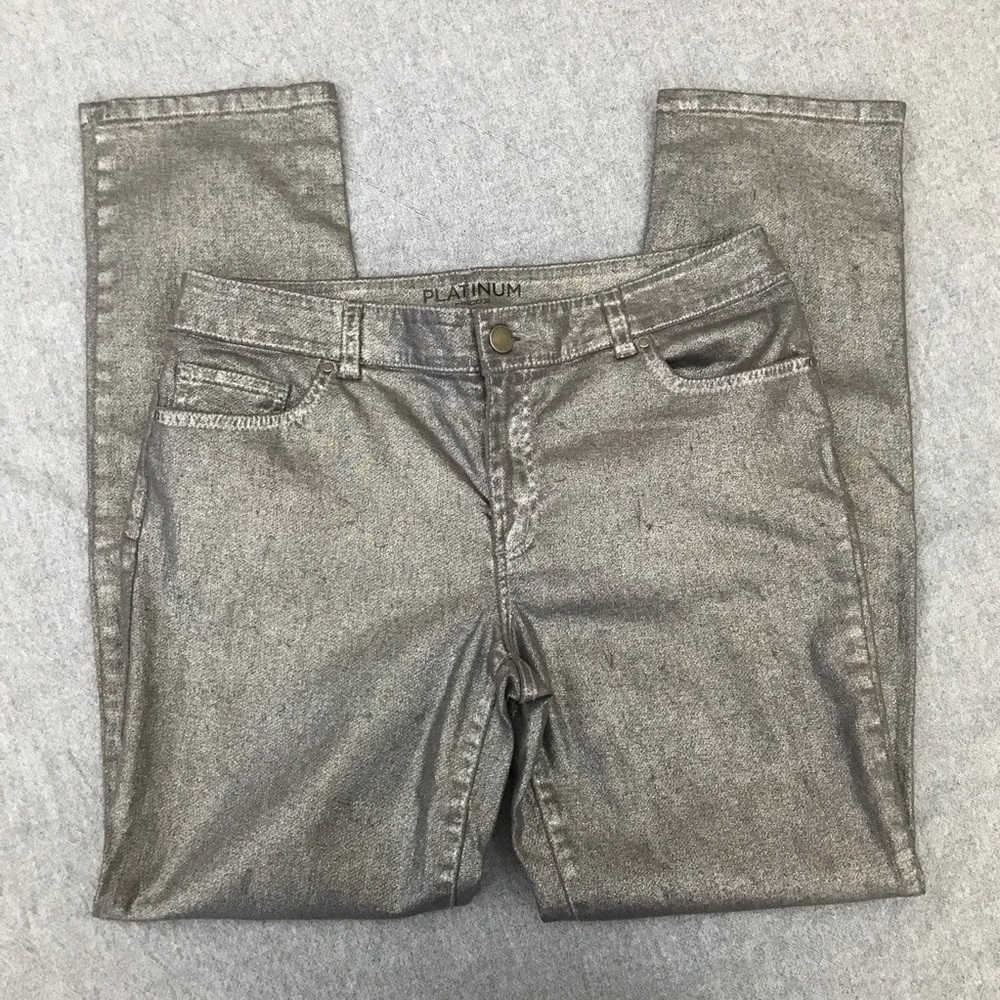 Chico’s silver shimmer jeans with stretch